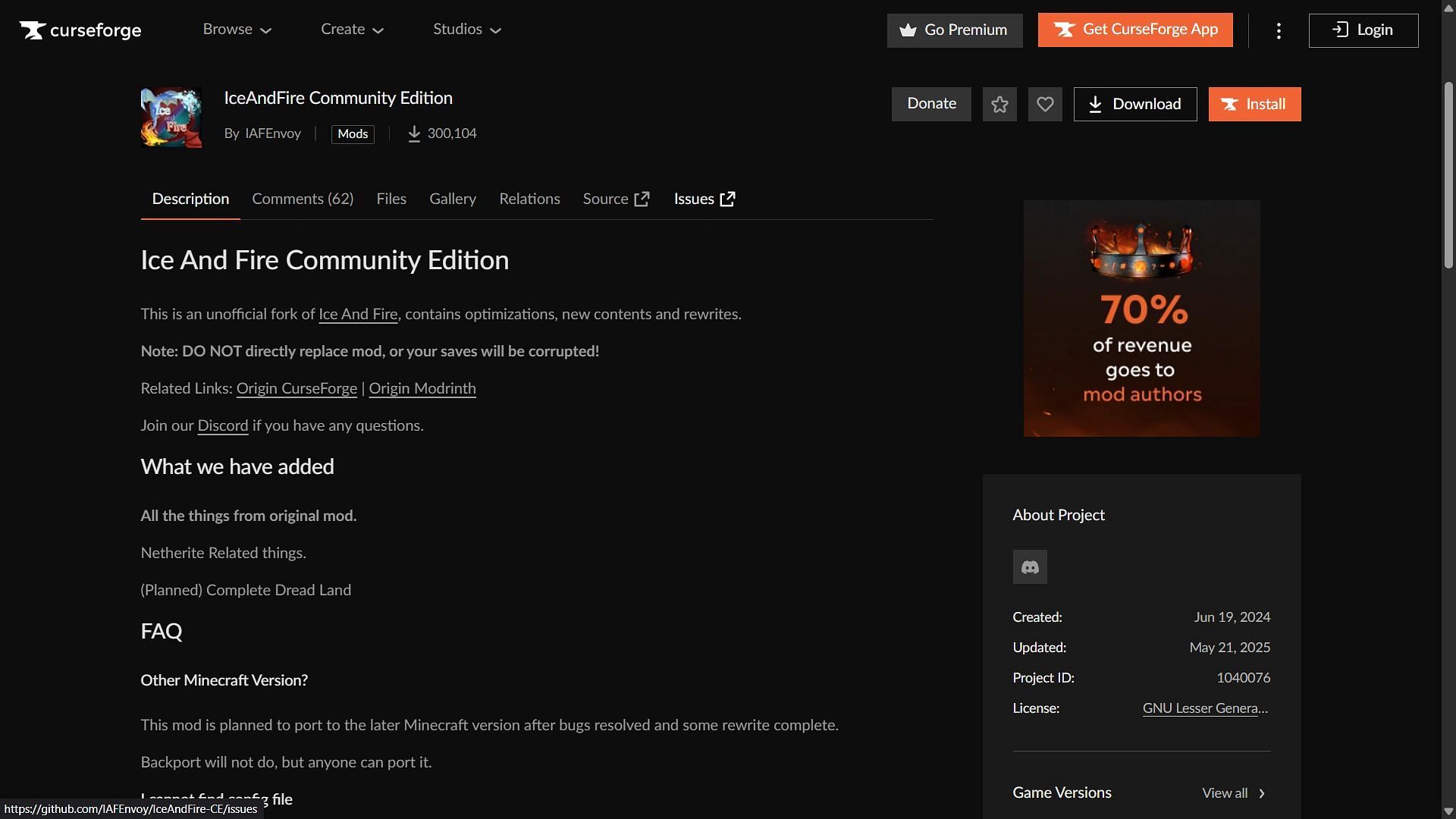 IceAndFire Community Edition can be downloaded from the CurseForge website (Image via CurseForge)